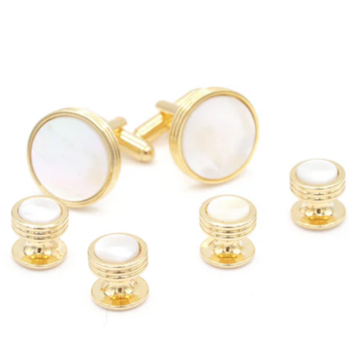 Mother of Pearl Concentric Rings Studs and Cufflinks Gold Trim